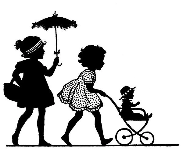 Girls with push chair & parasol