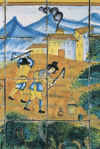 Glazed tile with farmers working the land. Ceramics