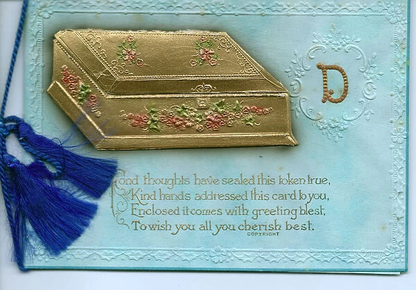 Gold box and verse on a greetings card