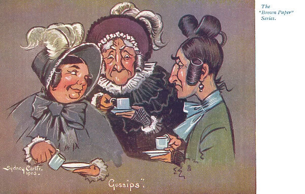 Gossips. Three elderly ladies chattering together over a cup of tea - setting