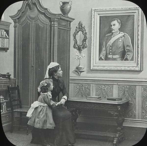 Governess and young child look wistfully at portrait