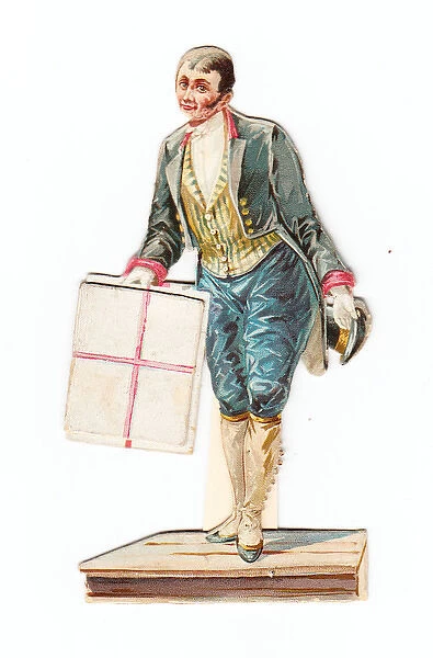 Greetings card in the shape of a footman with a parcel