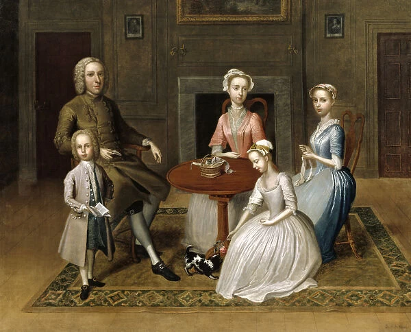Group portrait, possibly of the Brewster family, in a domest