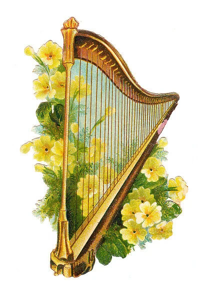 Harp with yellow flowers on a Victorian scrap