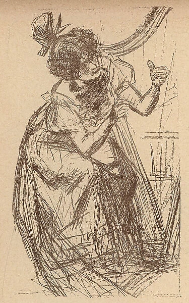 Harpist. A portrait sketch of a young lady playing the harp. Date: circa 1901