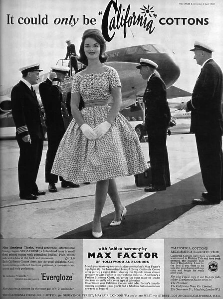 Henrietta Tiarks modelling California Cottons dress, 1960