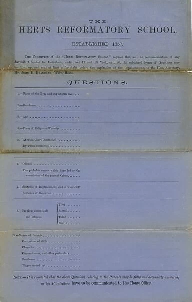 Hertfordshire Reformatory Admission Form