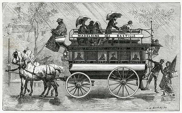 Horse-drawn open double decker bus 1878