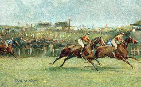 Horseracing scene - Neck to Neck as the finish approaches... Date: circa 1910s