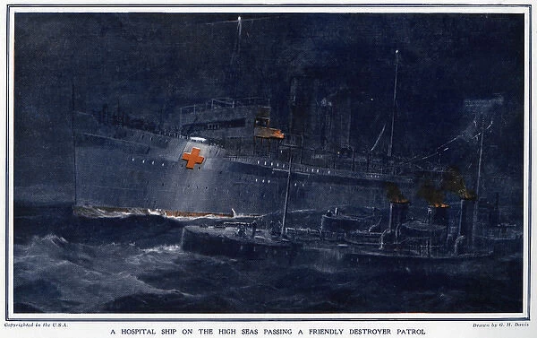Hospital ship passing destroyer patrol, WWI