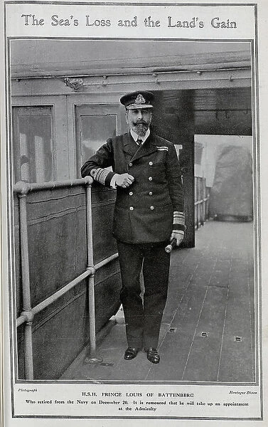HSH Prince Louis of Battenberg (1854-1921) in naval uniform, with telescope, on board ship. Captioned, The Sea's Loss and the Land's Gain