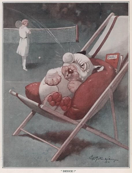 DEUCE. Humorous Illustration showing Bonzo being disturbed by a flying tennis ball