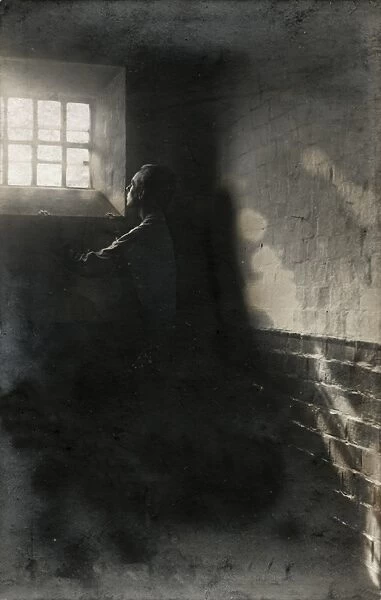 Inmate at cell window, Wakefield Prison, West Yorkshire