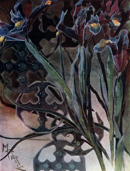 Irises. A painting of Irises covering the image of arabesques seen in the water