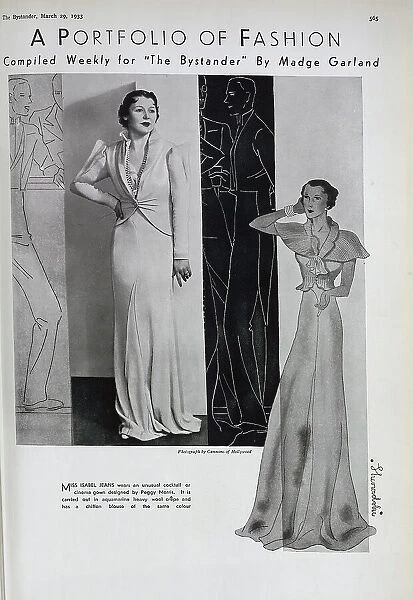 Isabel Jeans, actress, (1891-1985) studio fashion portrait, with fashion illustration. With description, Miss Isabel Jeans wears an unusual cocktail or cinema gown designed by Peggy Morris