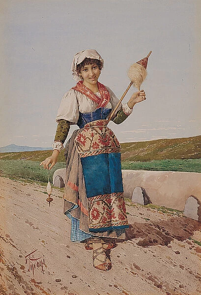 Italian Girl Spinning with Distaff