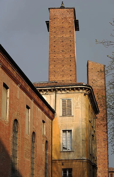 Italy. Pavia. The two medieval towers. Leonardo Da Vinci Squ