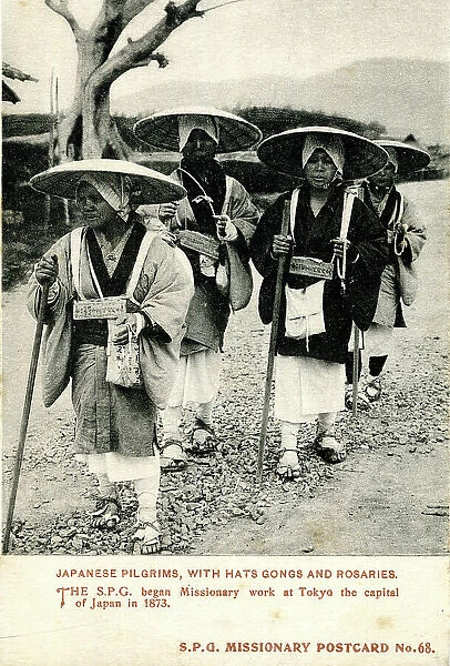 Japanese pilgrims with hats, gongs and rosaries