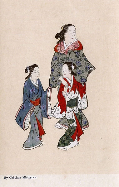 Japanese Woman and her two daughters by Miyagawa Choshun