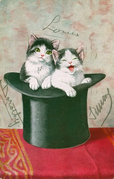 Two kittens in a top hat on a greetings postcard