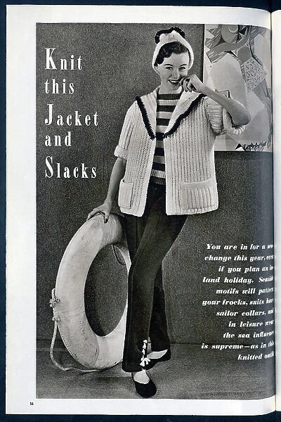 Knitted jacket and slacks, with a fashionable nautical theme. Date: 1954