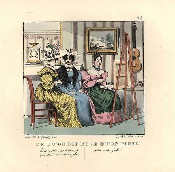 Two ladies talking in a parlor watching a
