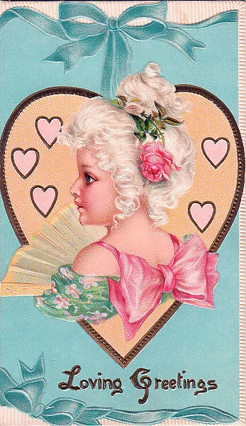 Lady with a fan and hearts on a Valentine card