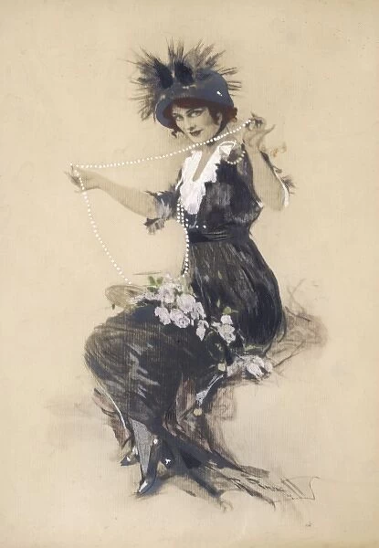 Lady playing with a long string of pearls