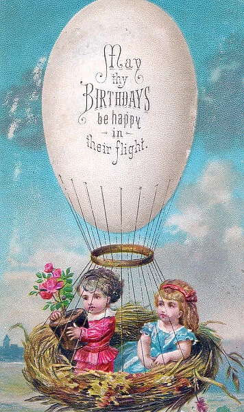 Little boy and girl riding in balloon on a birthday card