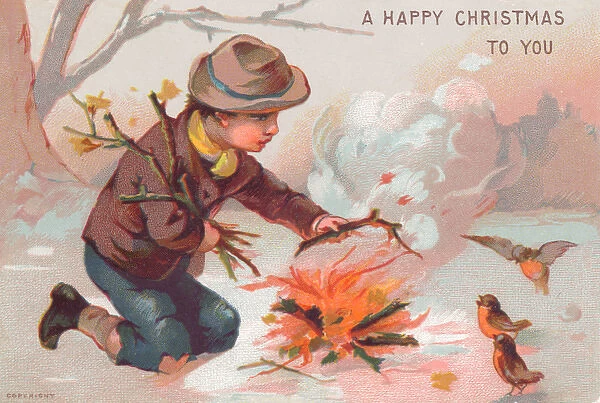 Little boy making fire on a Christmas card