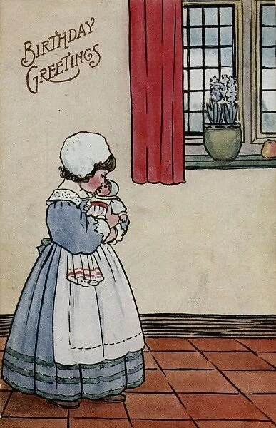 Little girl with doll on a birthday postcard