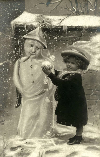 Little Girl with unusual snowman with newspaper hat and gun