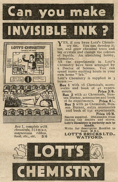 Lotts Chemistry Set advertisement, 1932