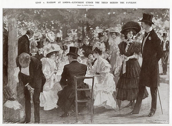 Luncheon under the trees behind the pavilion. Date: 1907