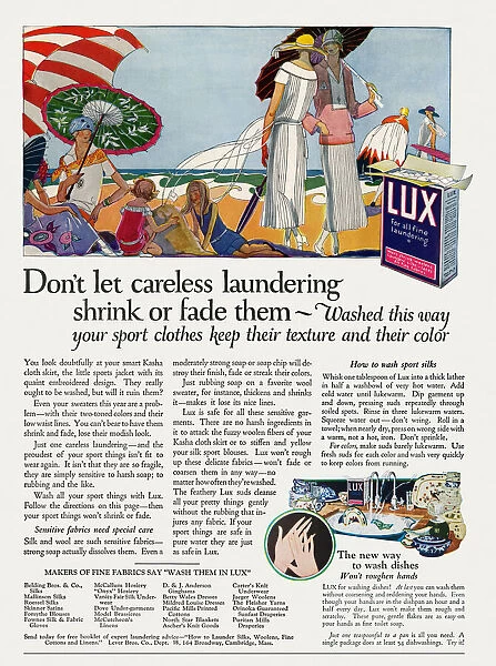 Lux advertisement.Women wearing 1920s stylish sports wear with instructions for washing
