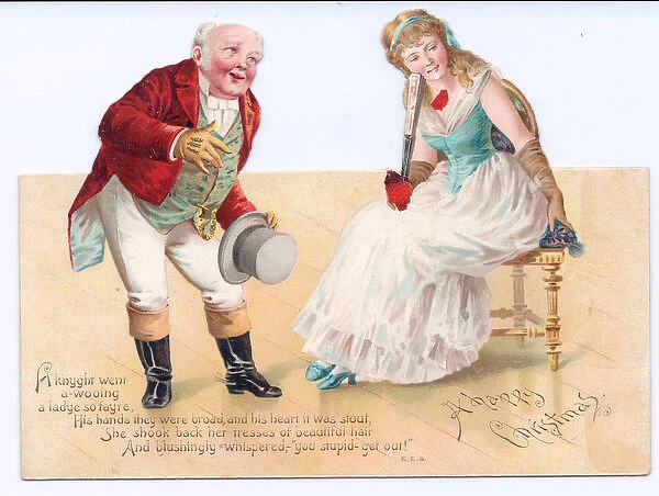 Man bowing to woman on a cutout Christmas card