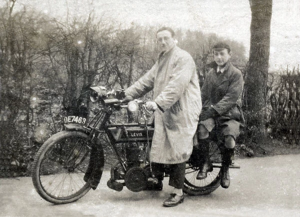 Man & boy on a 1914 Levis motorcycle
