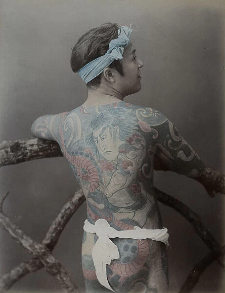Man with elaborate full body tattoo and loin cloth, Japan