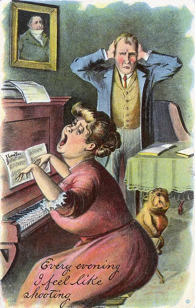 Man at the end of his tether with piano-playing singing wife