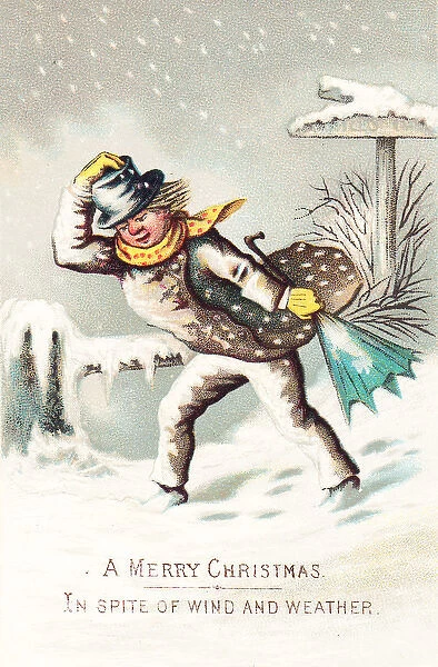 Man in the snow and wind on a Christmas card