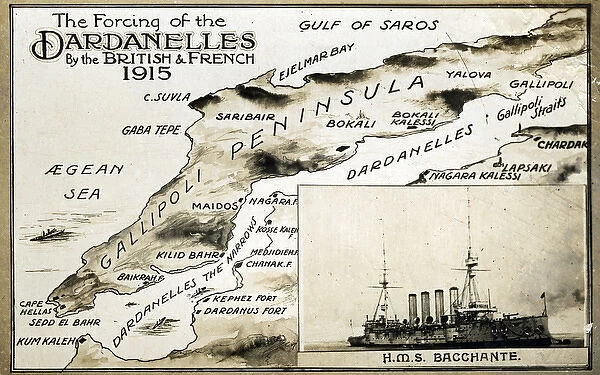 Map of Dardanelles with HMS Bacchante, WW1