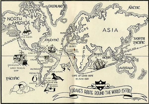 Map of Drakes route round the world, 1577-1580