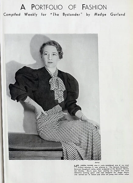 Marda Vanne, actress, studio fashion portrait. From an item, A Portfolio of Fashion, compiled weekly for The Bystander, by Madge Garland'. Captioned, Miss Marda Vanne, who is justly considered one of our most brilliant actresses