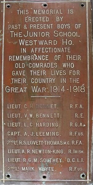 Memorial plaque, Westward Ho Junior School, WW1