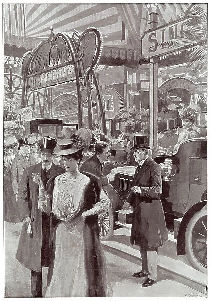 Men and women looking around the stands at the Olympia Motor show in London. Date: 1906