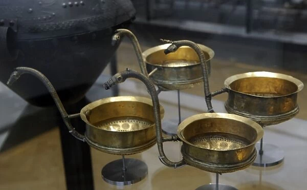 Metal Age. Golden bowls, most with handle shaped like horses