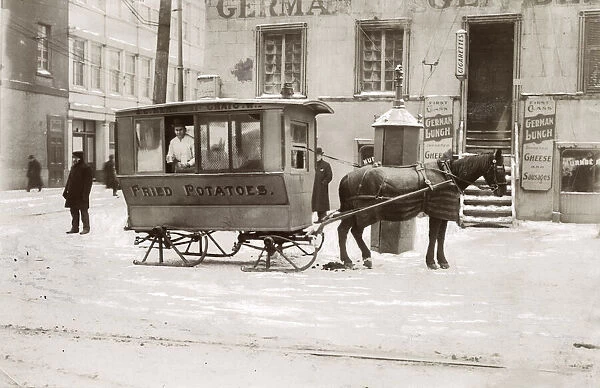Mobile food stall, horse drawn sledge, snow in Canada, c. 1920