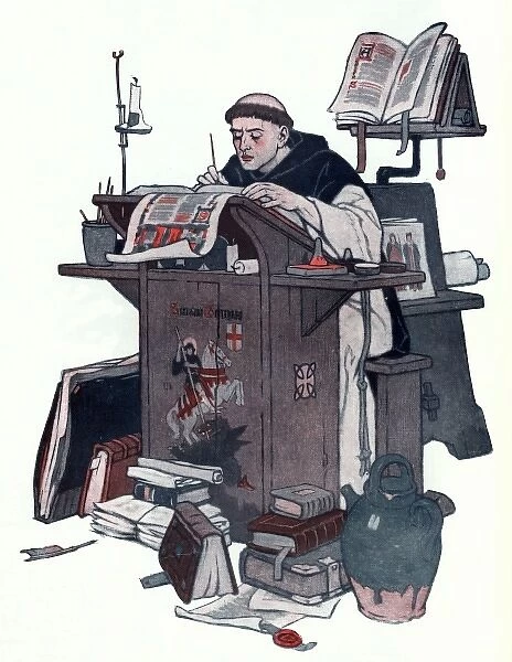 Monk working on an illuminated manuscript