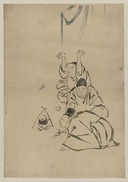 Three monks or travelers lighting a fire beneath a teapot