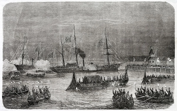 The mortal remains of Frederik VII are brought to Copenhagen. Date: 1864